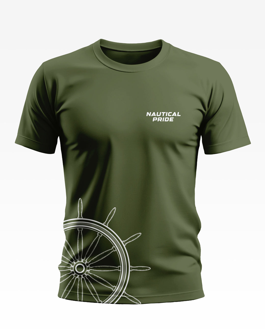 Olive green men's t-shirt with 'Nautical Pride' text and ship wheel graphic, short sleeves