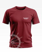 Maroon men's t-shirt with 'Nautical Pride' text and ship wheel graphic on the hem