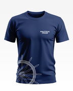 Navy blue men's t-shirt with 'Nautical Pride' text and ship wheel graphic print.
