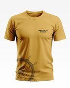 Yellow men's t-shirt with 'Nautical Pride' text and ship wheel graphic, army-inspired style