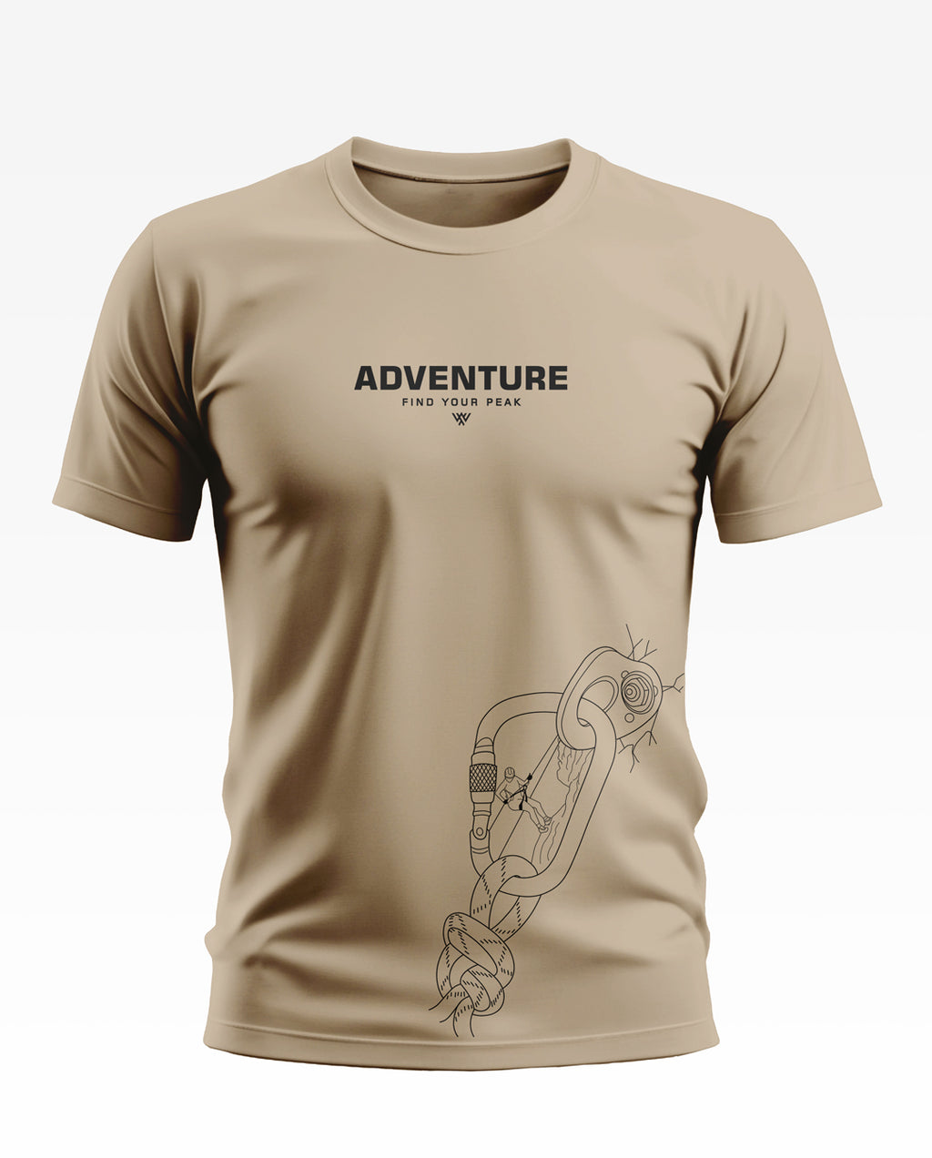 Beige men's t-shirt with 'ADVENTURE Find Your Peak' text and climbing carabiner graphic print
