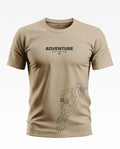 Beige men's t-shirt with 'ADVENTURE Find Your Peak' text and climbing carabiner graphic print
