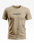Beige men's t-shirt with 'ADVENTURE Find Your Peak' text and climbing carabiner graphic print