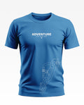Blue men's t-shirt with 'ADVENTURE FIND YOUR PEAK' text and climbing carabiner graphic