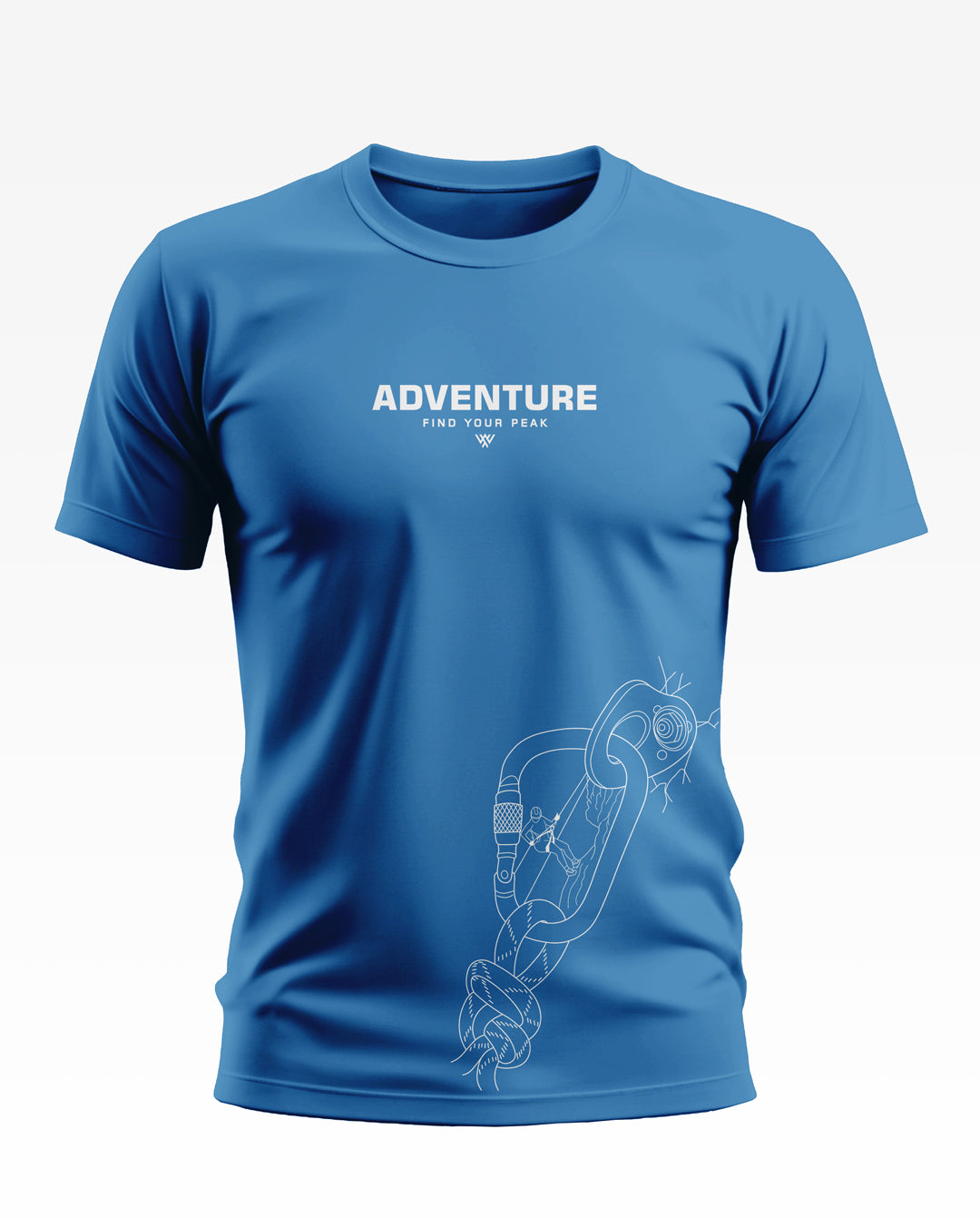 Blue men's t-shirt with 'ADVENTURE FIND YOUR PEAK' text and climbing carabiner graphic