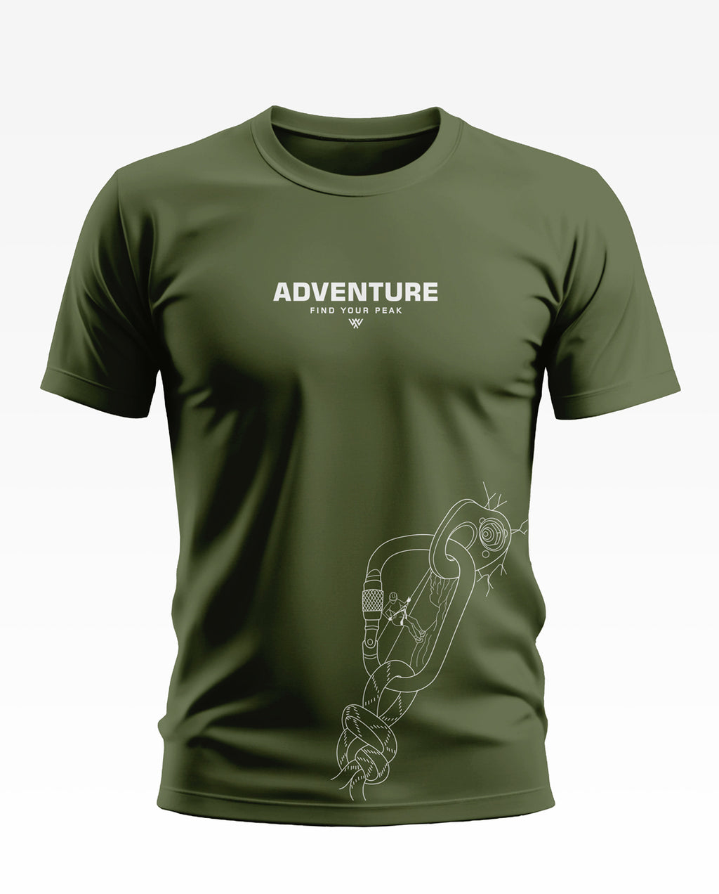 Olive green men's t-shirt with 'Adventure Find Your Peak' text and carabiner climbing graphic.