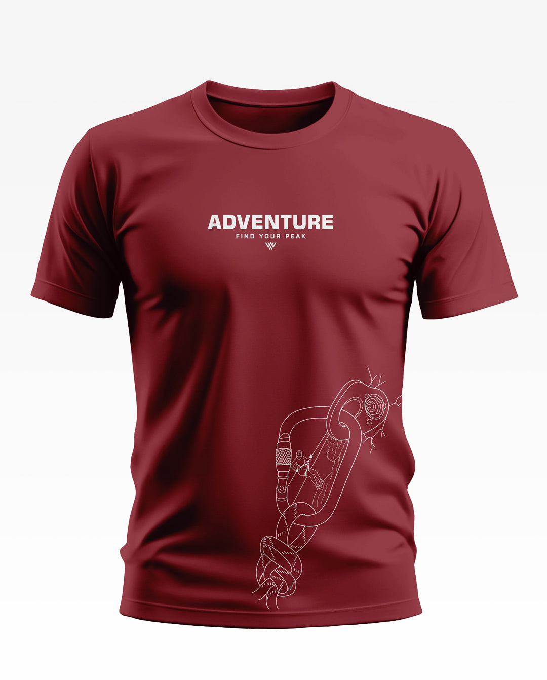 Maroon men's t-shirt with 'ADVENTURE FIND YOUR PEAK' text and climbing carabiner graphic