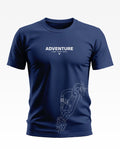 Navy blue men's t-shirt with 'ADVENTURE FIND YOUR PEAK' text and climbing carabiner graphic.
