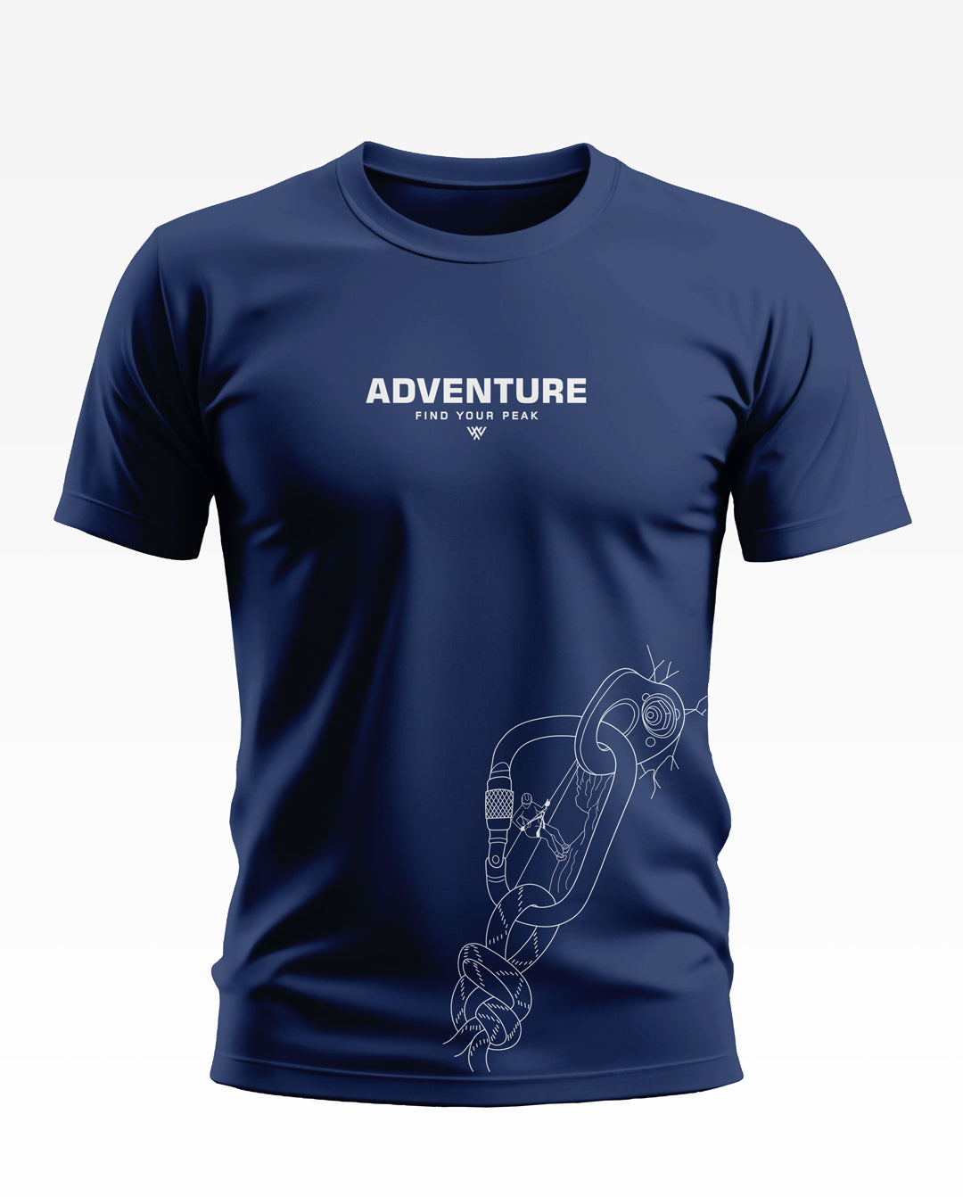 Navy blue men's t-shirt with 'ADVENTURE FIND YOUR PEAK' text and climbing carabiner graphic.
