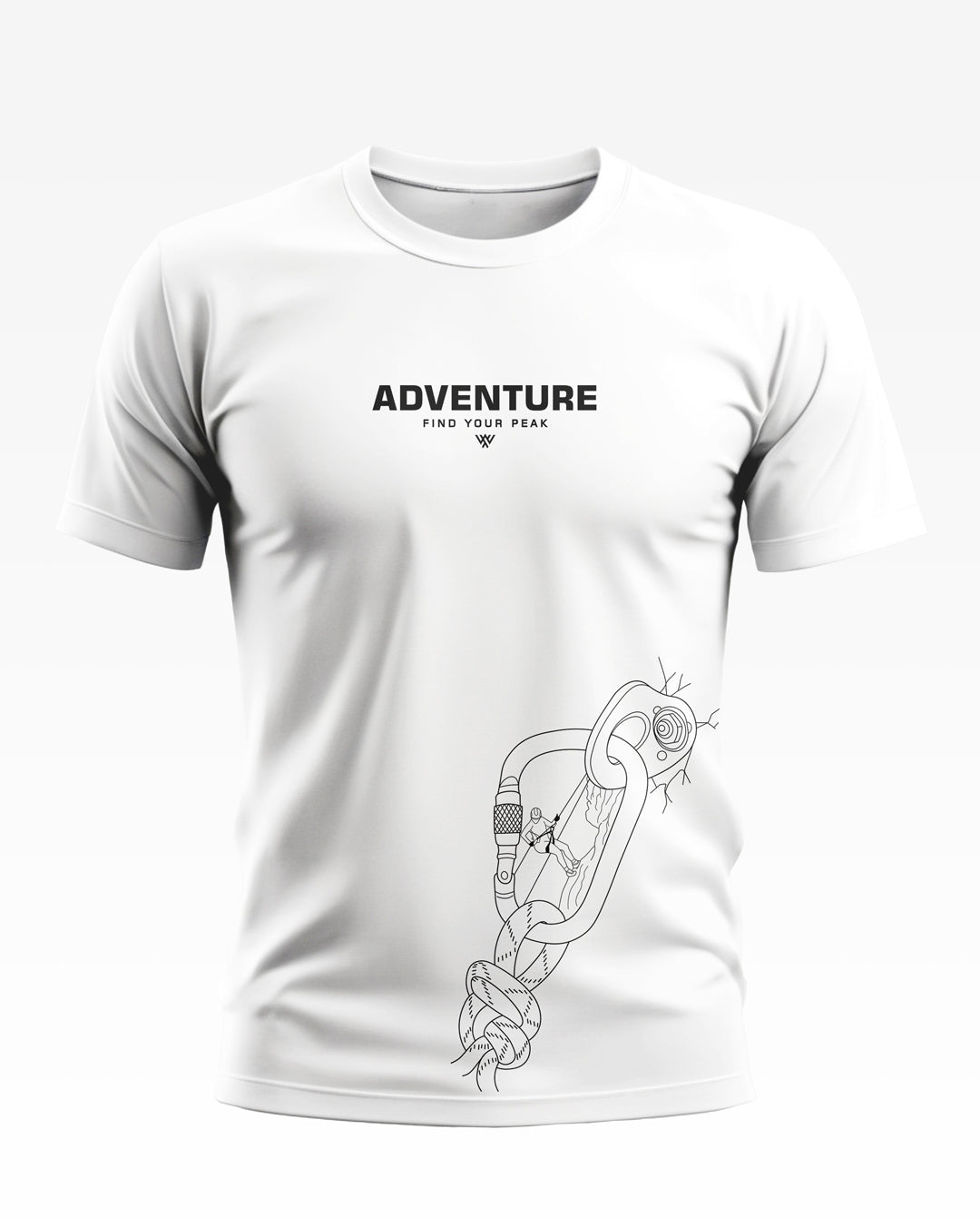White men's T-shirt with 'Adventure Find Your Peak' text and climbing carabiner graphic print