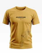 Yellow men's t-shirt with 'Adventure Find Your Peak' text and climbing carabiner graphic.