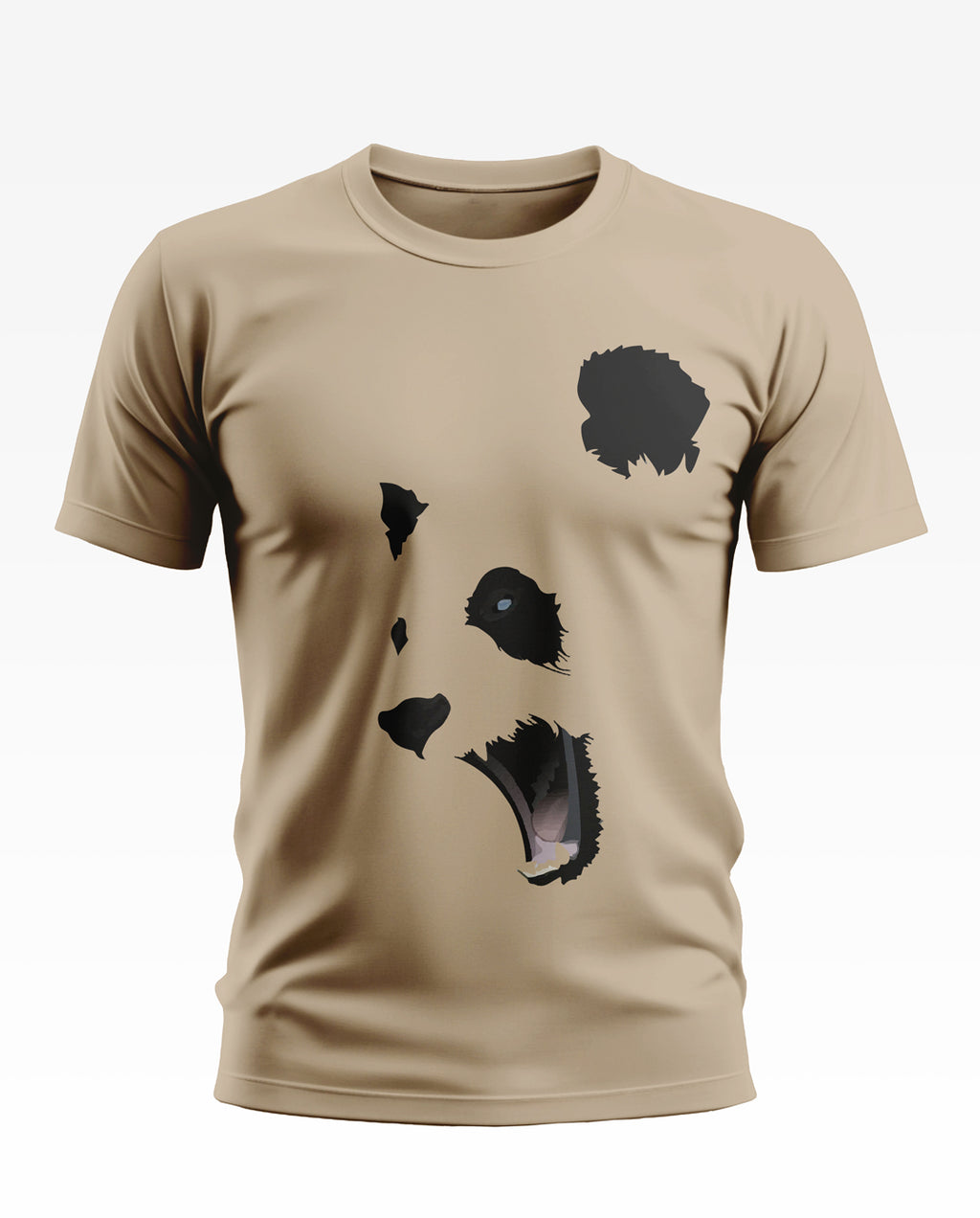 Beige men's t-shirt with black graphic panda face print, casual fashion wear