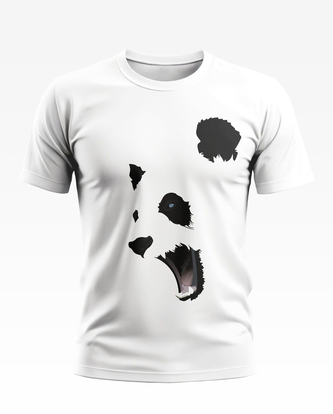 White men's t-shirt with bold black abstract panda face graphic, short sleeves, crew neck