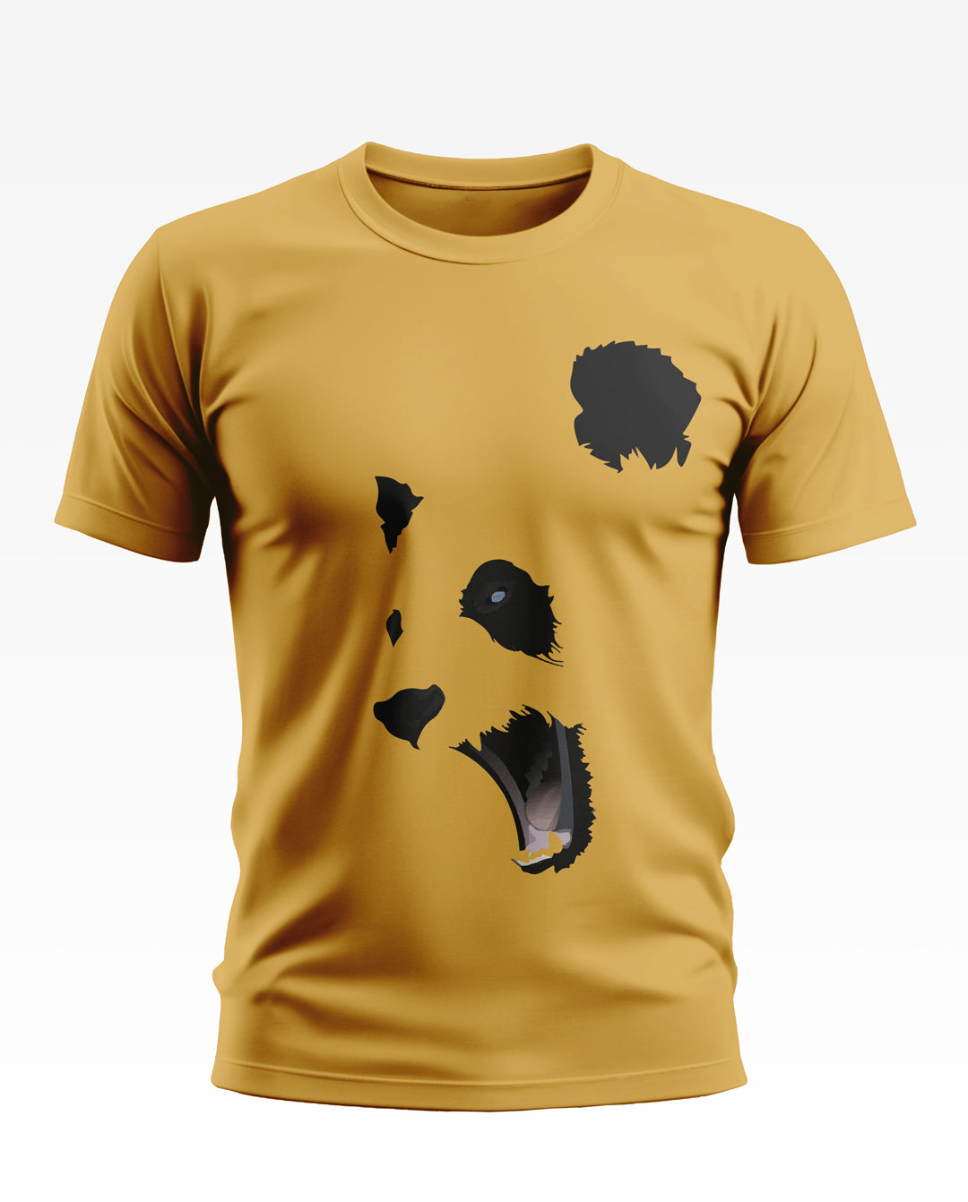 Yellow men's t-shirt with abstract roaring bear face graphic, short sleeves, crew neck