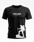 Black men's t-shirt with 'Hiking Adventure Calling' text and white hiker silhouette graphic