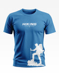 Blue men's hiking t-shirt with 'Hiking Adventure Calling' text and hiker silhouette graphic