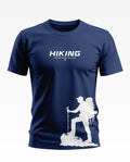 Navy blue men's t-shirt with 'Hiking Adventure Calling' text and hiker silhouette graphic