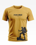 Yellow men's hiking t-shirt with 'Hiking Adventure Calling' text and hiker graphic print