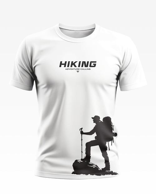 White men's t-shirt with 'Hiking Adventure Calling' text and hiker silhouette graphic.