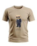 Beige men's t-shirt with cartoon bear in suit, sunglasses, gun and 'I'm a SPY who loves you' text