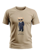 Beige men's t-shirt with cartoon bear in suit, sunglasses, gun and 'I'm a SPY who loves you' text