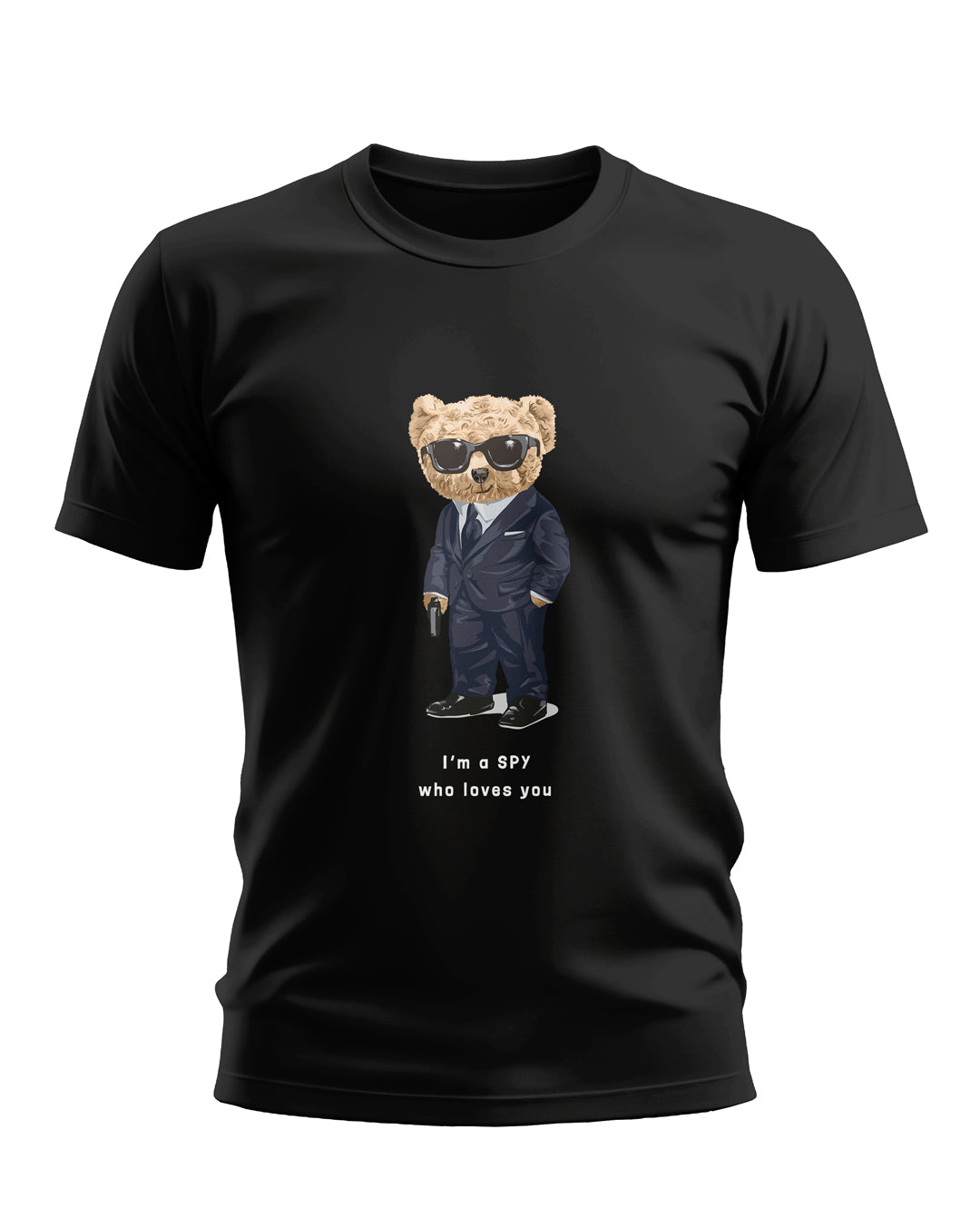 Black men’s t-shirt with cartoon bear in suit, sunglasses, and text 'I'm a spy who loves you'
