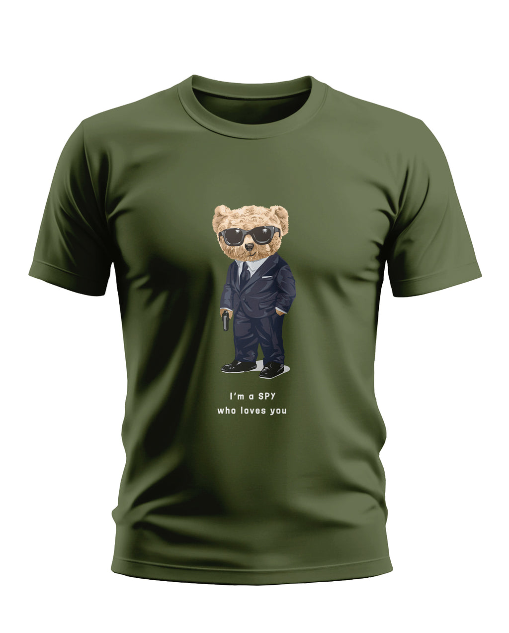 Olive green men's t-shirt with cartoon bear in suit, sunglasses, and 'I'm a SPY who loves you' text.