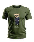 Olive green men's t-shirt with cartoon bear in suit, sunglasses, and 'I'm a SPY who loves you' text.