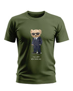 Olive green men's t-shirt with cartoon bear in suit, sunglasses, and 'I'm a SPY who loves you' text.