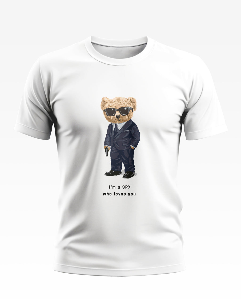 White men's t-shirt with cartoon bear in suit and sunglasses, holding a prop gun, and text 'I'm a SPY who loves you'.