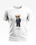 White men's t-shirt with cartoon bear in suit and sunglasses, holding a prop gun, and text 'I'm a SPY who loves you'.