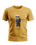 Yellow men's t-shirt with cartoon bear in a suit and sunglasses, holding a gun, text reads 'I'm a SPY who loves you'.