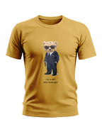 Yellow men's t-shirt with cartoon bear in a suit and sunglasses, holding a gun, text reads 'I'm a SPY who loves you'.