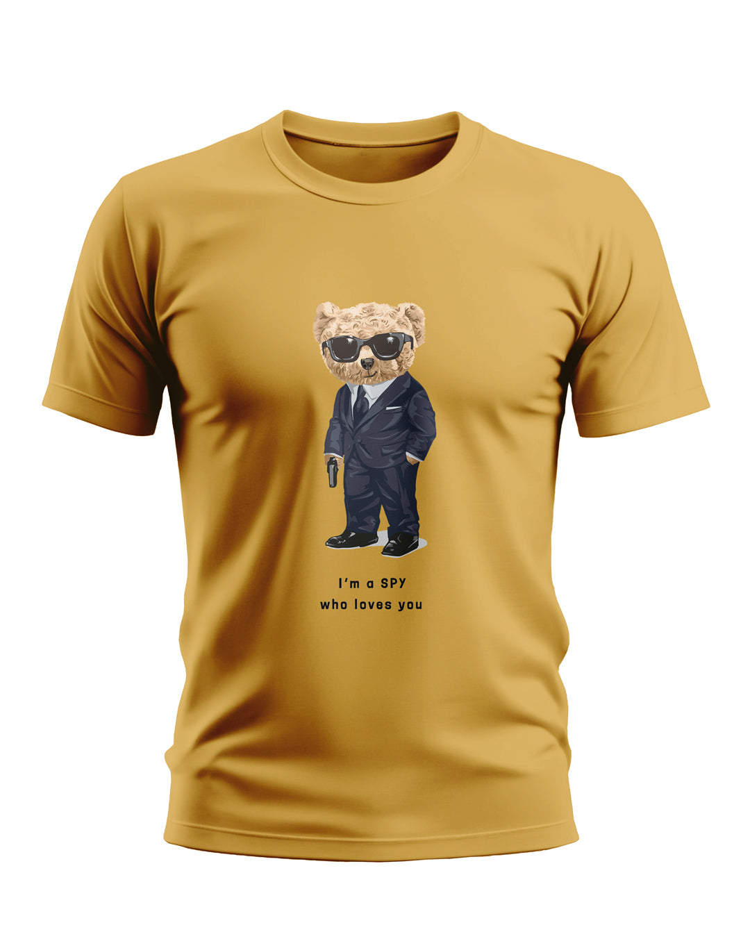 Yellow men's t-shirt with cartoon bear in a suit and sunglasses, holding a gun, text reads 'I'm a SPY who loves you'.