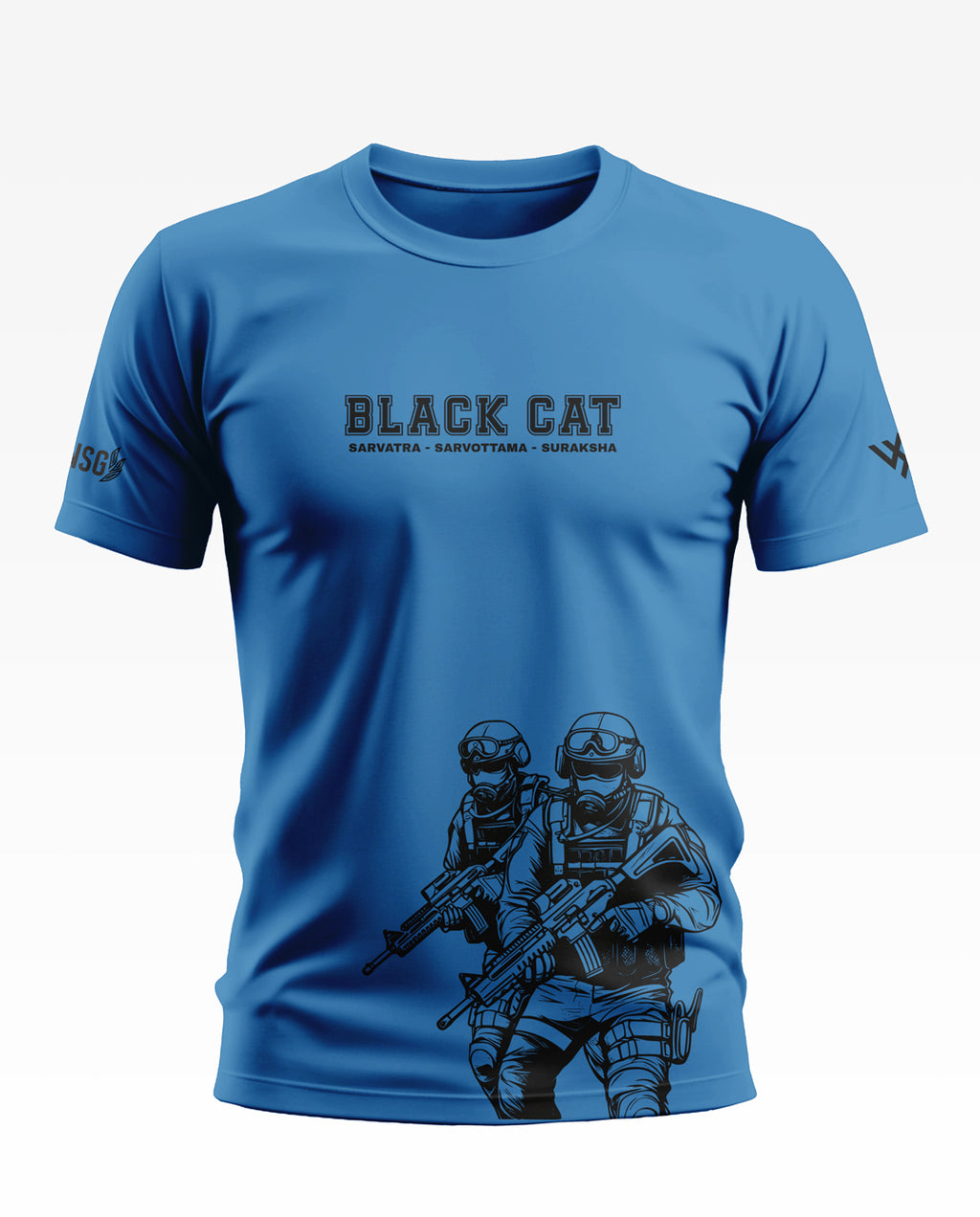 Blue men's t-shirt featuring 'BLACK CAT' text and graphic of two armed commandos in tactical gear.