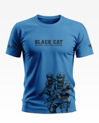 Blue men's t-shirt featuring 'BLACK CAT' text and graphic of two armed commandos in tactical gear.