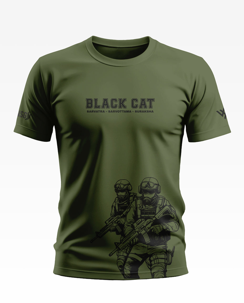 Olive green men's t-shirt with 'BLACK CAT' text and graphic of armed soldiers on front