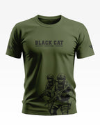 Olive green men's t-shirt with 'BLACK CAT' text and graphic of armed soldiers on front