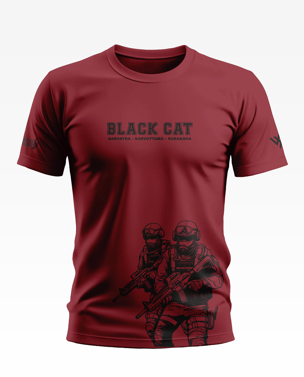 Maroon t-shirt with 'Black Cat' text and graphic of two armed soldiers in tactical gear
