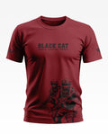 Maroon t-shirt with 'Black Cat' text and graphic of two armed soldiers in tactical gear
