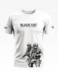 White army-themed t-shirt with BLACK CAT text and graphic of two armed commandos