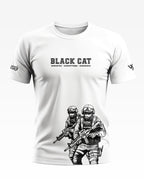White army-themed t-shirt with BLACK CAT text and graphic of two armed commandos