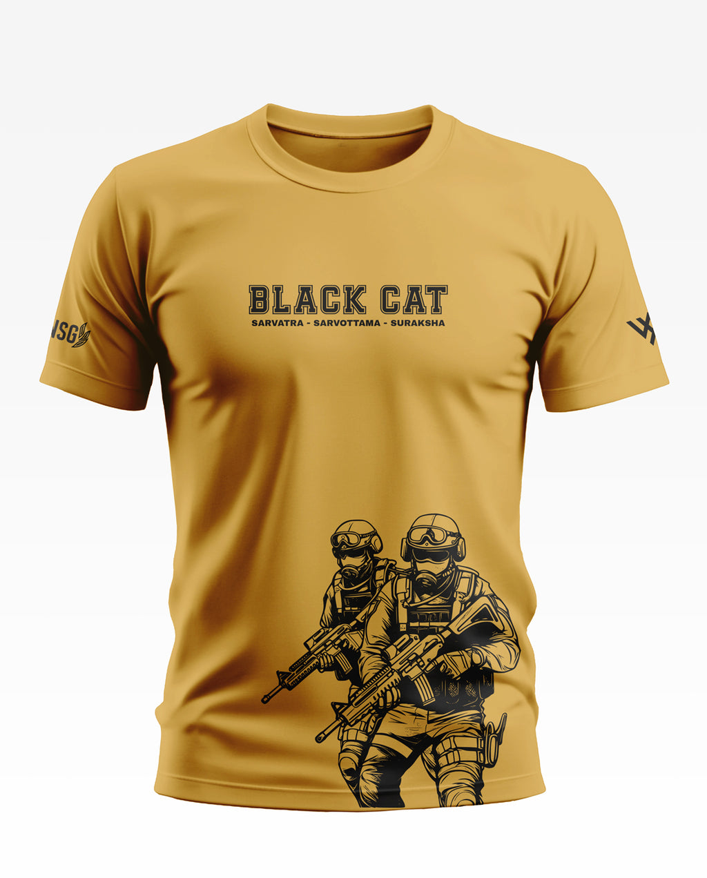 Yellow t-shirt with 'Black Cat' text and illustrated commandos holding rifles on the front.