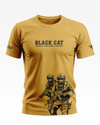 Yellow t-shirt with 'Black Cat' text and illustrated commandos holding rifles on the front.