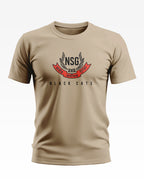 Beige men's t-shirt with NSG Black Cats logo and Hindi text, military-inspired design