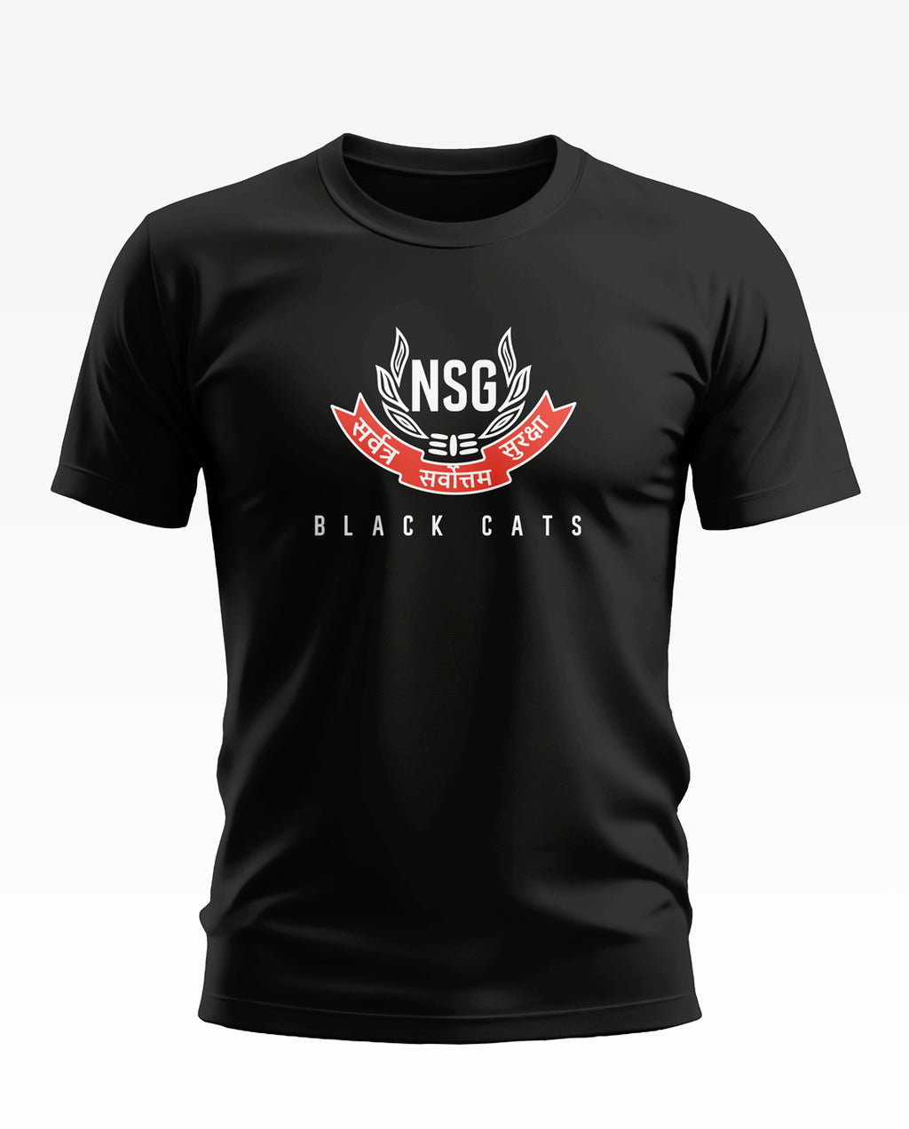 Black short sleeve t-shirt with NSG Black Cats logo and Hindi text on the chest.