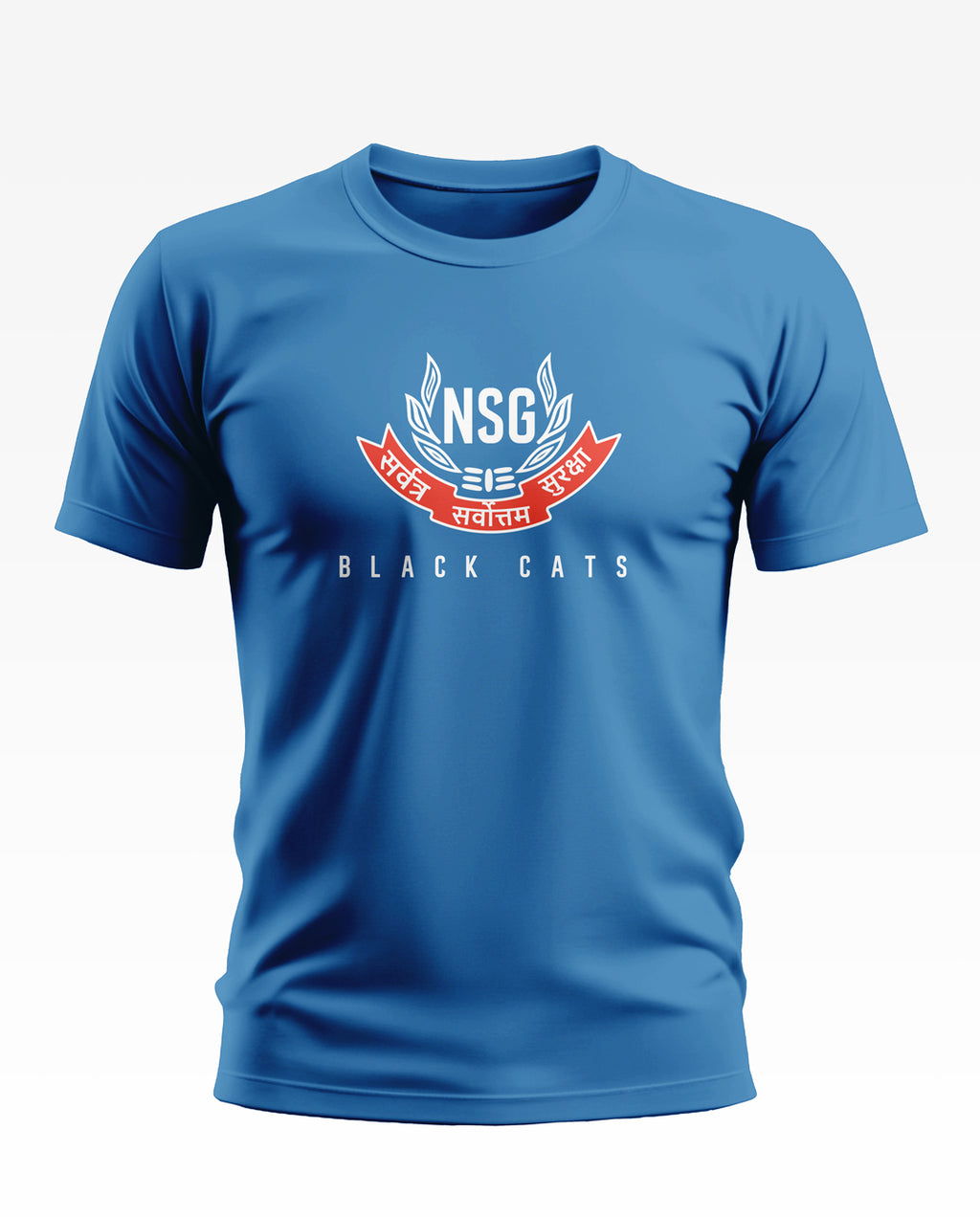 Blue men's t-shirt with NSG Black Cats emblem and Hindi text on chest, army-inspired fashion