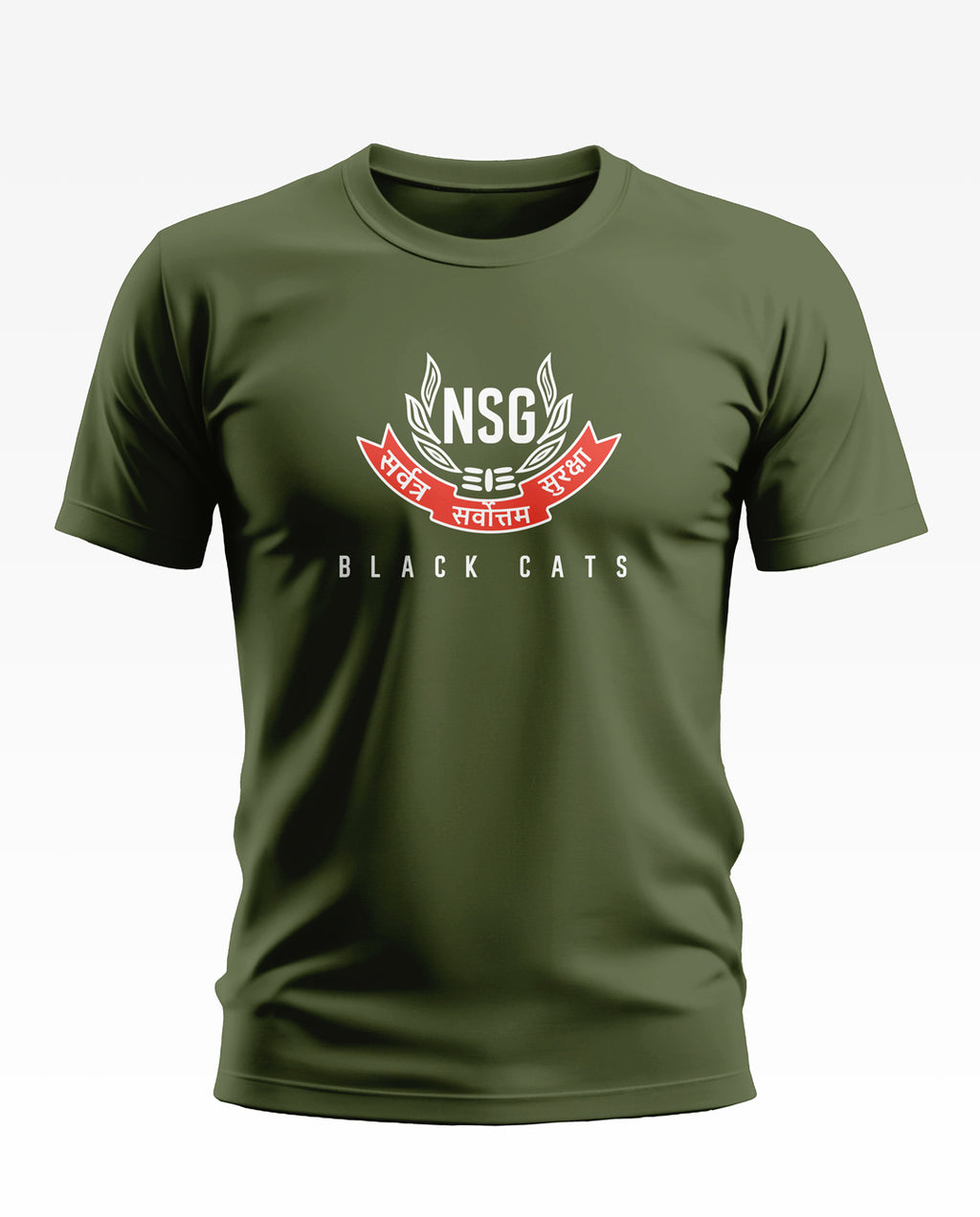 Olive green men's t-shirt with NSG Black Cats army-inspired graphic and Hindi text on front