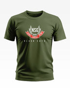 Olive green men's t-shirt with NSG Black Cats army-inspired graphic and Hindi text on front