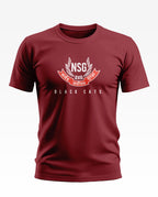 Maroon NSG Black Cats men's T-shirt with bold white logo and Hindi text on chest